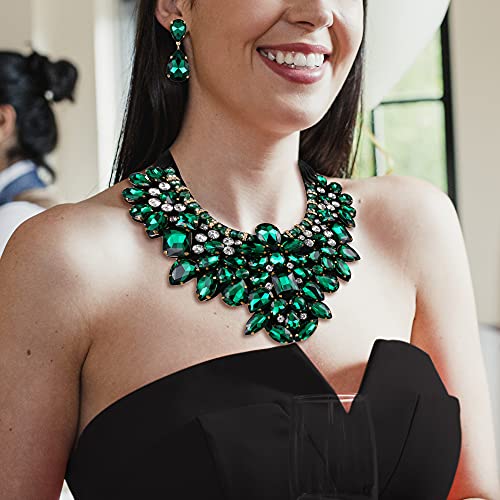 Flyonce Costume Jewelry for Women, Rhinestone Crystal Statement Necklace Earrings Set Emerald Color