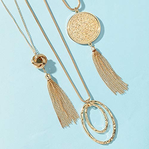 SEVENSTONE 3PCS Long Pendant Necklaces for Women Knot Disk Circle Tassel Statement Sweater Gold Necklace Set