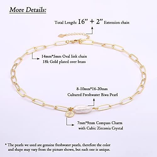 Chunky 18k Gold Chain Choker Necklace Freshwater Biwa Pearl Pendant CZ Starburst Charm Statement Jewelry for Women 16’’