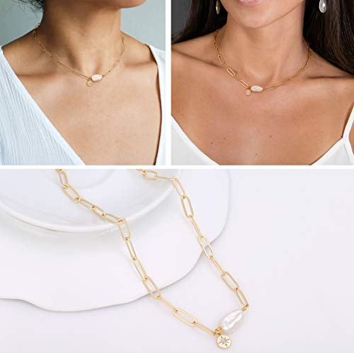 Chunky 18k Gold Chain Choker Necklace Freshwater Biwa Pearl Pendant CZ Starburst Charm Statement Jewelry for Women 16’’