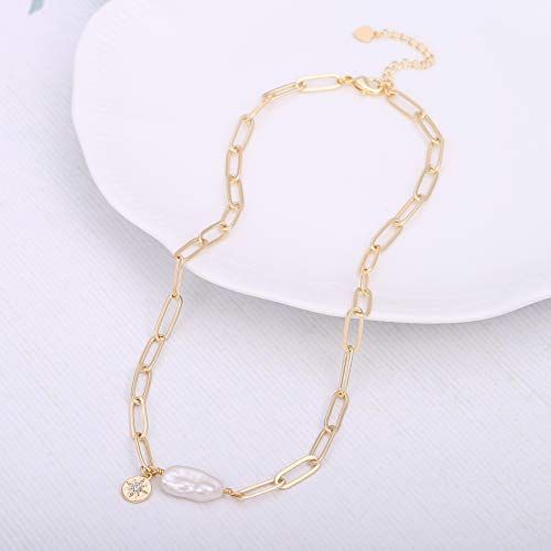Chunky 18k Gold Chain Choker Necklace Freshwater Biwa Pearl Pendant CZ Starburst Charm Statement Jewelry for Women 16’’