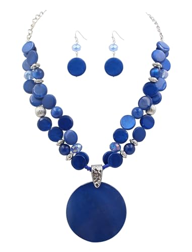 Xalroco Blue Layered Beads Statement Necklace for Women Big Colorful Glass Stone Circle Shell Pendant Necklace and Earring Set for Women Girl Friends