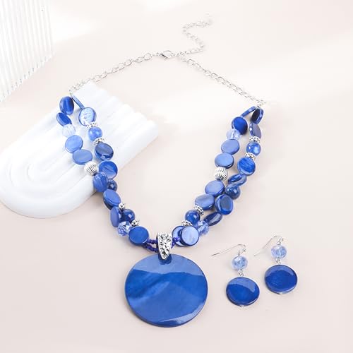 Xalroco Blue Layered Beads Statement Necklace for Women Big Colorful Glass Stone Circle Shell Pendant Necklace and Earring Set for Women Girl Friends