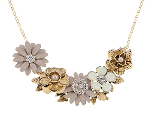 Alilang Womens Flower Rhinestones Pearl Statement Bib Golden Tone Necklace with Gray Yellow Enamel, Light Pink