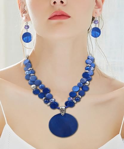Xalroco Blue Layered Beads Statement Necklace for Women Big Colorful Glass Stone Circle Shell Pendant Necklace and Earring Set for Women Girl Friends