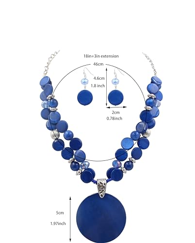 Xalroco Blue Layered Beads Statement Necklace for Women Big Colorful Glass Stone Circle Shell Pendant Necklace and Earring Set for Women Girl Friends