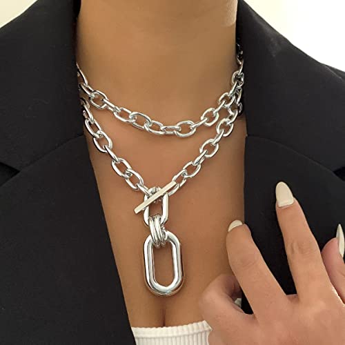 Jumwrit Layered Necklaces Chunky Chain Toggle Necklaces Statement Choker Necklaces Punk Carabiner necklace for Women（Silver）