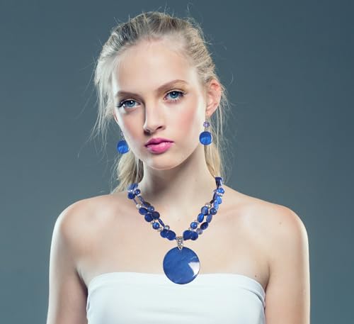 Xalroco Blue Layered Beads Statement Necklace for Women Big Colorful Glass Stone Circle Shell Pendant Necklace and Earring Set for Women Girl Friends