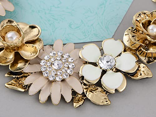 Alilang Womens Flower Rhinestones Pearl Statement Bib Golden Tone Necklace with Gray Yellow Enamel, Light Pink