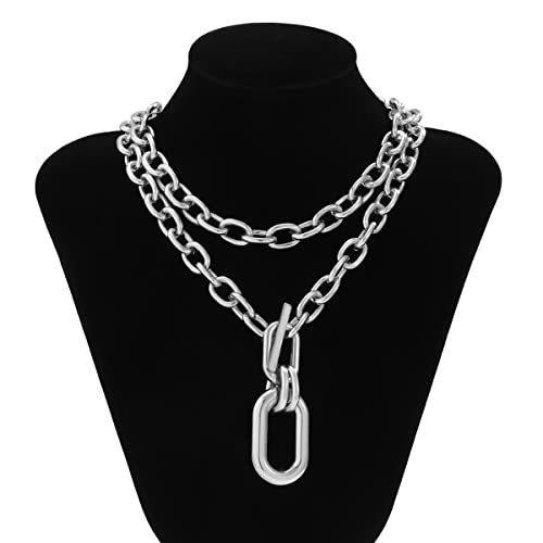 Jumwrit Layered Necklaces Chunky Chain Toggle Necklaces Statement Choker Necklaces Punk Carabiner necklace for Women（Silver）