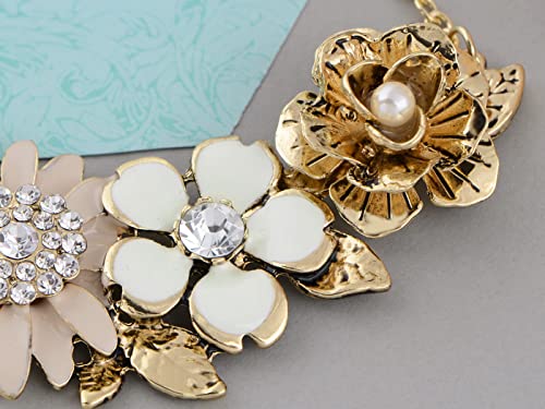 Alilang Womens Flower Rhinestones Pearl Statement Bib Golden Tone Necklace with Gray Yellow Enamel, Light Pink