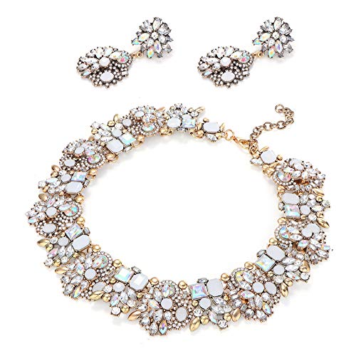 JOERICA Bib Statement Necklace for Women Chunky Choker Necklace and Earrings Set Rhinestone Vintage Fashion Necklace Costume Jewelry (White)