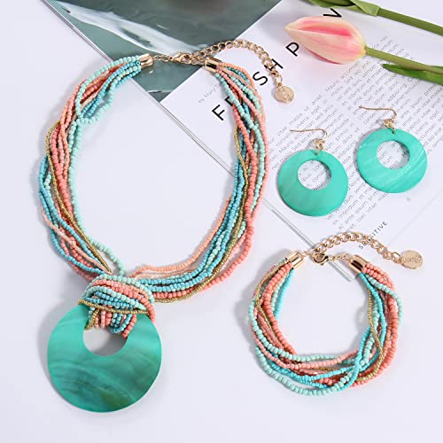 Coiris Multi Strand Statement Colorful Beaded Necklace with Big Circle Shell Pendant for Women (ST0012)