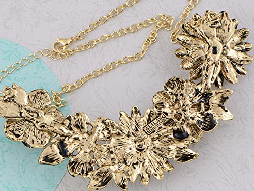 Alilang Womens Flower Rhinestones Pearl Statement Bib Golden Tone Necklace with Gray Yellow Enamel, Light Pink
