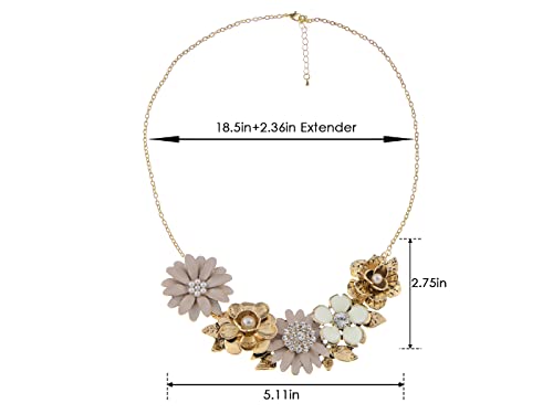 Alilang Womens Flower Rhinestones Pearl Statement Bib Golden Tone Necklace with Gray Yellow Enamel, Light Pink