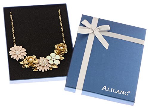 Alilang Womens Flower Rhinestones Pearl Statement Bib Golden Tone Necklace with Gray Yellow Enamel, Light Pink