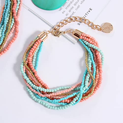 Coiris Multi Strand Statement Colorful Beaded Necklace with Big Circle Shell Pendant for Women (ST0012)