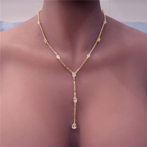 Xerling Rhinestones Tennis Chain Necklaces for Women Bling Crystal Zircon Pendant Choker Necklaces for Wedding Prom Dainty Statement Y-Necklaces for Brides (Gold)