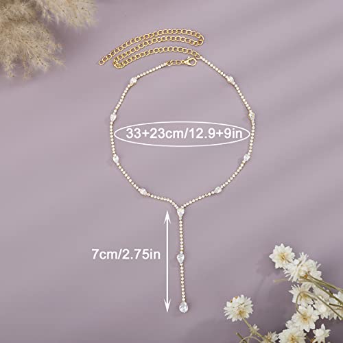 Xerling Rhinestones Tennis Chain Necklaces for Women Bling Crystal Zircon Pendant Choker Necklaces for Wedding Prom Dainty Statement Y-Necklaces for Brides (Gold)