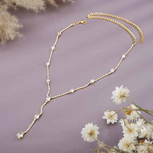 Xerling Rhinestones Tennis Chain Necklaces for Women Bling Crystal Zircon Pendant Choker Necklaces for Wedding Prom Dainty Statement Y-Necklaces for Brides (Gold)