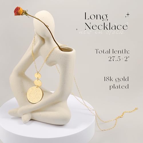 PEARLADA Statement Long Pendant Necklace, 18k Gold Disc Necklace for Sweater, Boho Simple Jewelry for Women Trendy