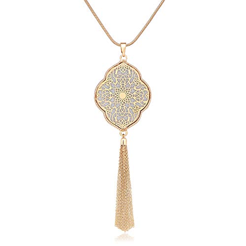 MOLOCH Long Necklaces For Woman Disk Circle Pendant Necklaces Tassel Fringe Y Necklace Set Statement Pendant (quatrefoil-shaped-gold)