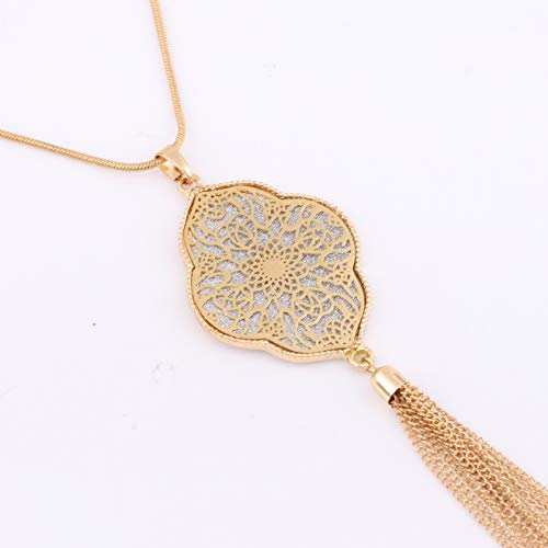 MOLOCH Long Necklaces For Woman Disk Circle Pendant Necklaces Tassel Fringe Y Necklace Set Statement Pendant (quatrefoil-shaped-gold)