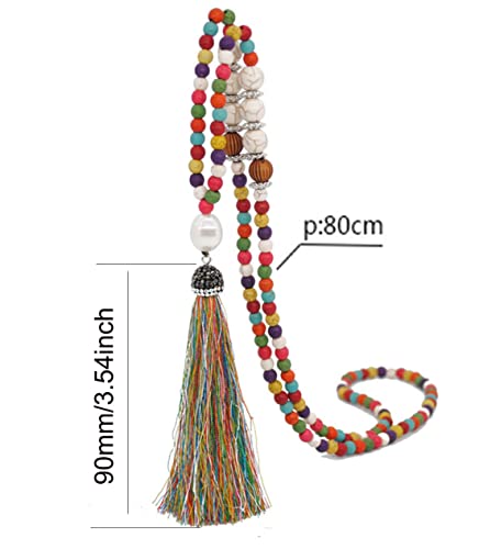 Tanyoyo Boho Beads Necklaces Chakra Statement Long Chain Tassel Necklace Jewerly Handmade Fashion Jewelry (Beads Necklaces, Multi-color mixing)