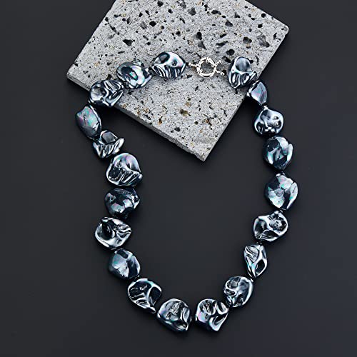 Pearl Choker Necklace for Women Boho Beaded Statement Necklace with Black White Large Freshwater Pearls Silver Fashion Jewelry Gift(Bright black)