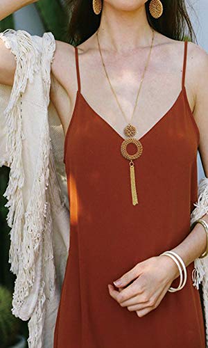 Long Necklaces for Women Handmade Rattan Pendant Necklace Earrings Set Boho Fringe Tassel Necklaces Statement Rattan Jewlery Set (Brown 2)
