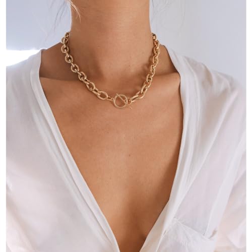 Sewyer Gold Chunky Necklace for Women 14K Gold Plated Chain Clasp Toggle Necklaces Paperclip Statement Link T-Bar Clasp Dainty Gold Necklace Jewelry Gifts
