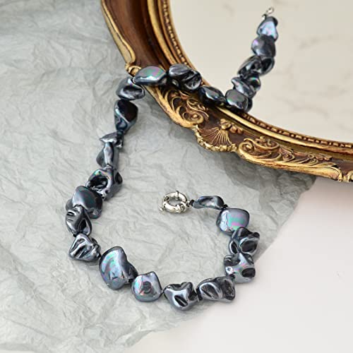 Pearl Choker Necklace for Women Boho Beaded Statement Necklace with Black White Large Freshwater Pearls Silver Fashion Jewelry Gift(Bright black)