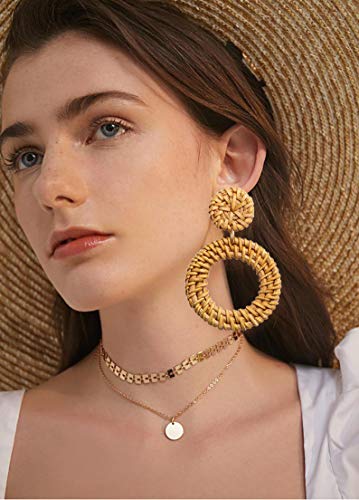 Long Necklaces for Women Handmade Rattan Pendant Necklace Earrings Set Boho Fringe Tassel Necklaces Statement Rattan Jewlery Set (Brown 2)