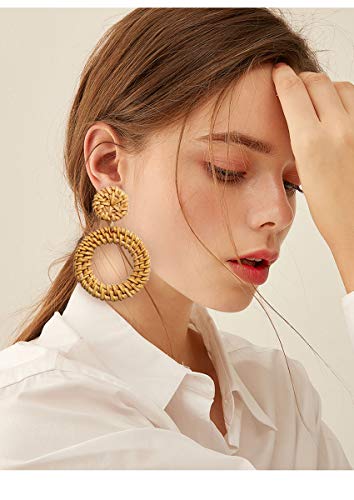 Long Necklaces for Women Handmade Rattan Pendant Necklace Earrings Set Boho Fringe Tassel Necklaces Statement Rattan Jewlery Set (Brown 2)