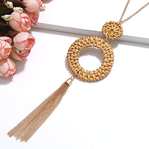 Long Necklaces for Women Handmade Rattan Pendant Necklace Earrings Set Boho Fringe Tassel Necklaces Statement Rattan Jewlery Set (Brown 2)
