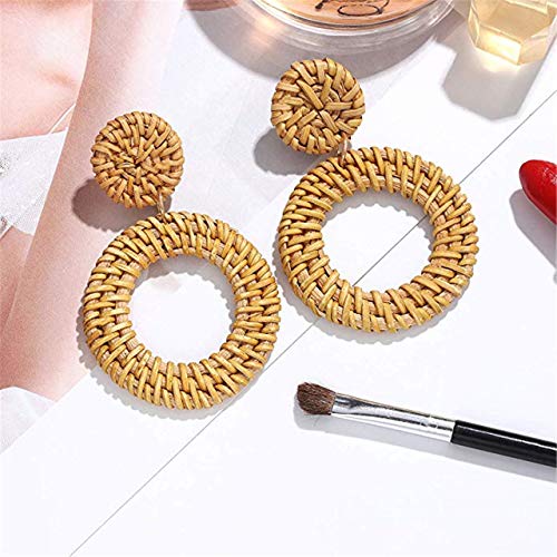 Long Necklaces for Women Handmade Rattan Pendant Necklace Earrings Set Boho Fringe Tassel Necklaces Statement Rattan Jewlery Set (Brown 2)