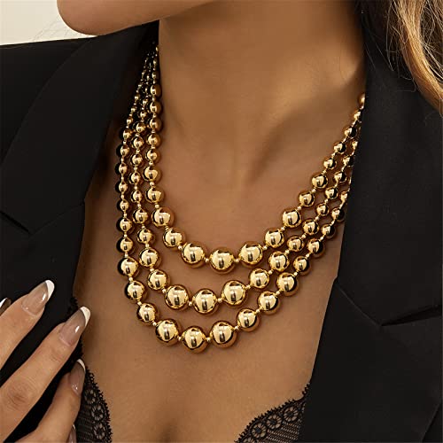 Punk Layered Chunky Bead Ball Chain Collar Choker Necklace Hip Hop Bib Statement Necklace for Women Girl Teen Friend Stacking Wedding Jewelry Christmas Gift-A gold-1