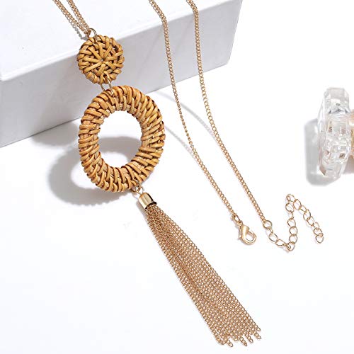 Long Necklaces for Women Handmade Rattan Pendant Necklace Earrings Set Boho Fringe Tassel Necklaces Statement Rattan Jewlery Set (Brown 2)