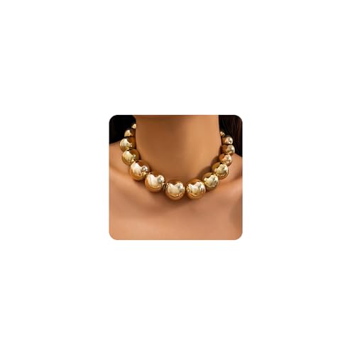 Jumwrit Dainty Big Ball Beaded Choker Necklace Boho Chunky Bib Chain Necklace Hip Hop Punk Statement Heavy Necklace Accessories for Women (Gold)