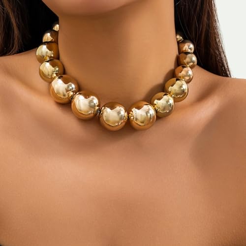 Jumwrit Dainty Big Ball Beaded Choker Necklace Boho Chunky Bib Chain Necklace Hip Hop Punk Statement Heavy Necklace Accessories for Women (Gold)