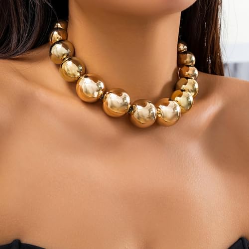 Jumwrit Dainty Big Ball Beaded Choker Necklace Boho Chunky Bib Chain Necklace Hip Hop Punk Statement Heavy Necklace Accessories for Women (Gold)