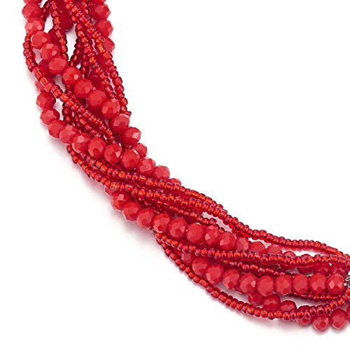 COOLSTEELANDBEYOND Red Statement Necklace Multi-Layer Beads Crystal Braided Chain Choker Collar Magnetic Clasp Party