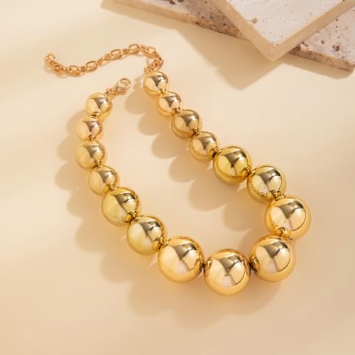 Jumwrit Dainty Big Ball Beaded Choker Necklace Boho Chunky Bib Chain Necklace Hip Hop Punk Statement Heavy Necklace Accessories for Women (Gold)