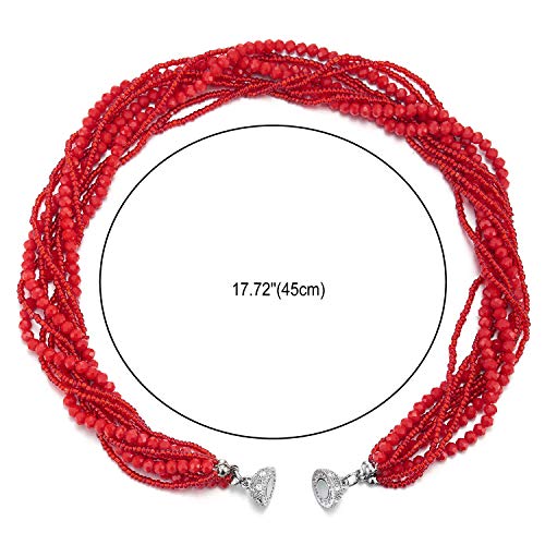 COOLSTEELANDBEYOND Red Statement Necklace Multi-Layer Beads Crystal Braided Chain Choker Collar Magnetic Clasp Party