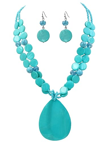 Jules D. Big Teardrop Pendant Necklaces for Women Colorful Beaded Necklaces Statement Set for Holiday. (Turquoise)
