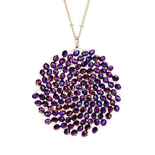 Niumike Handmade Crystal Circle Pendant Necklace for Women Disc Long Statement Necklaces Valentines Mothers Day Gifts for Her (Purple)