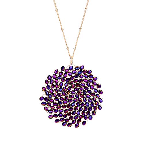 Niumike Handmade Crystal Circle Pendant Necklace for Women Disc Long Statement Necklaces Valentines Mothers Day Gifts for Her (Purple)
