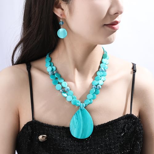 Jules D. Big Teardrop Pendant Necklaces for Women Colorful Beaded Necklaces Statement Set for Holiday. (Turquoise)