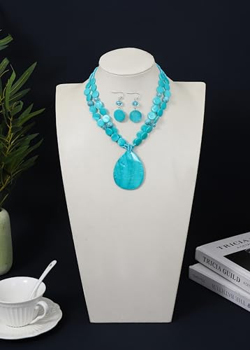 Jules D. Big Teardrop Pendant Necklaces for Women Colorful Beaded Necklaces Statement Set for Holiday. (Turquoise)