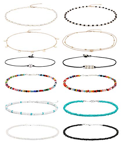 Wremily 4-12 Pieces Beaded Choker Necklaces for Women Boho Seed Bead Choker Set Hawaiian Handmade Turquoise Beach Beads Necklace Chain Jewelry